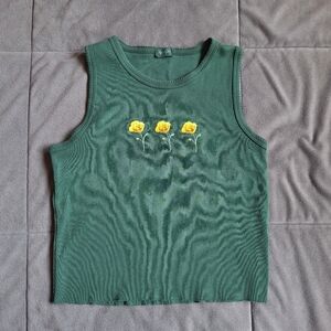 brandy melville dark green embroidered floral crop tank